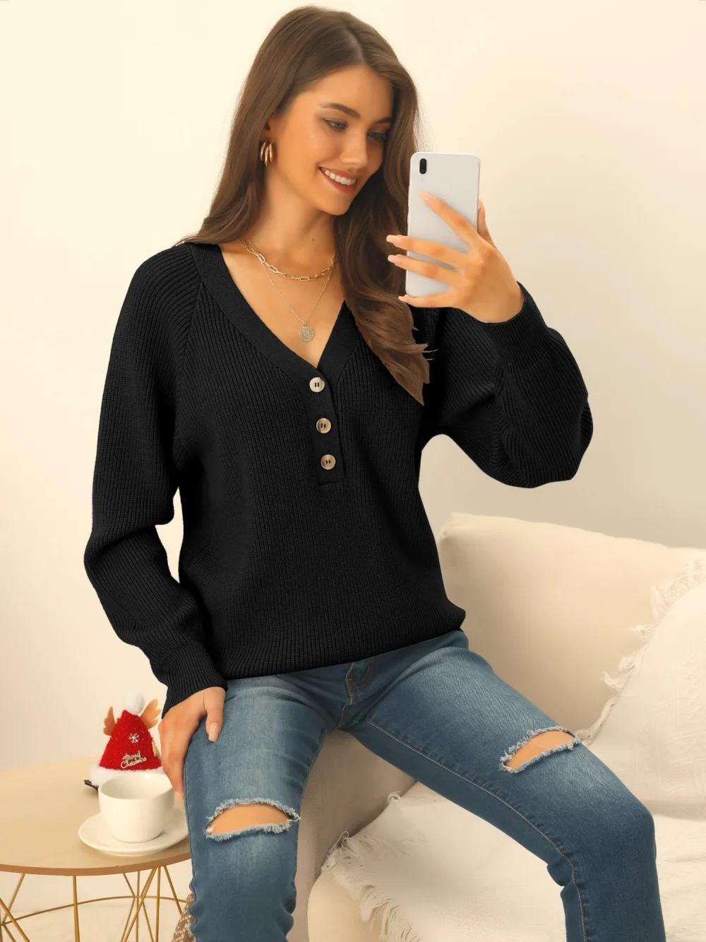 Allegra K- V Neck Button Down Ribbed Knit Pullover Top