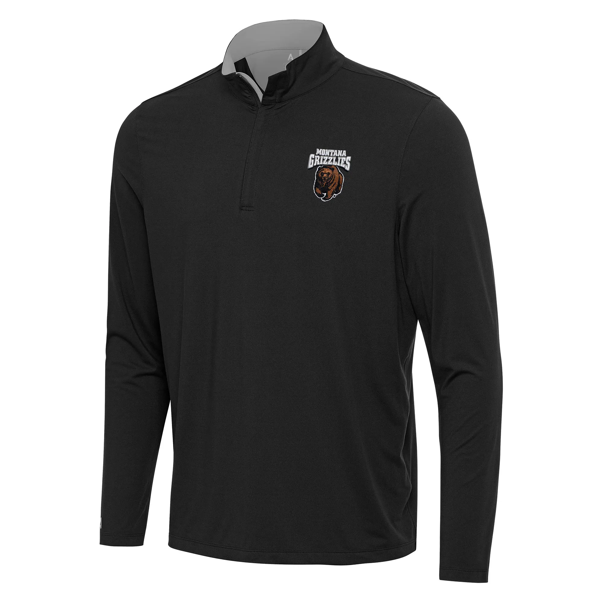 Antigua Montana Grizzlies Black/Gray Content Quarter-Zip Pullover Top