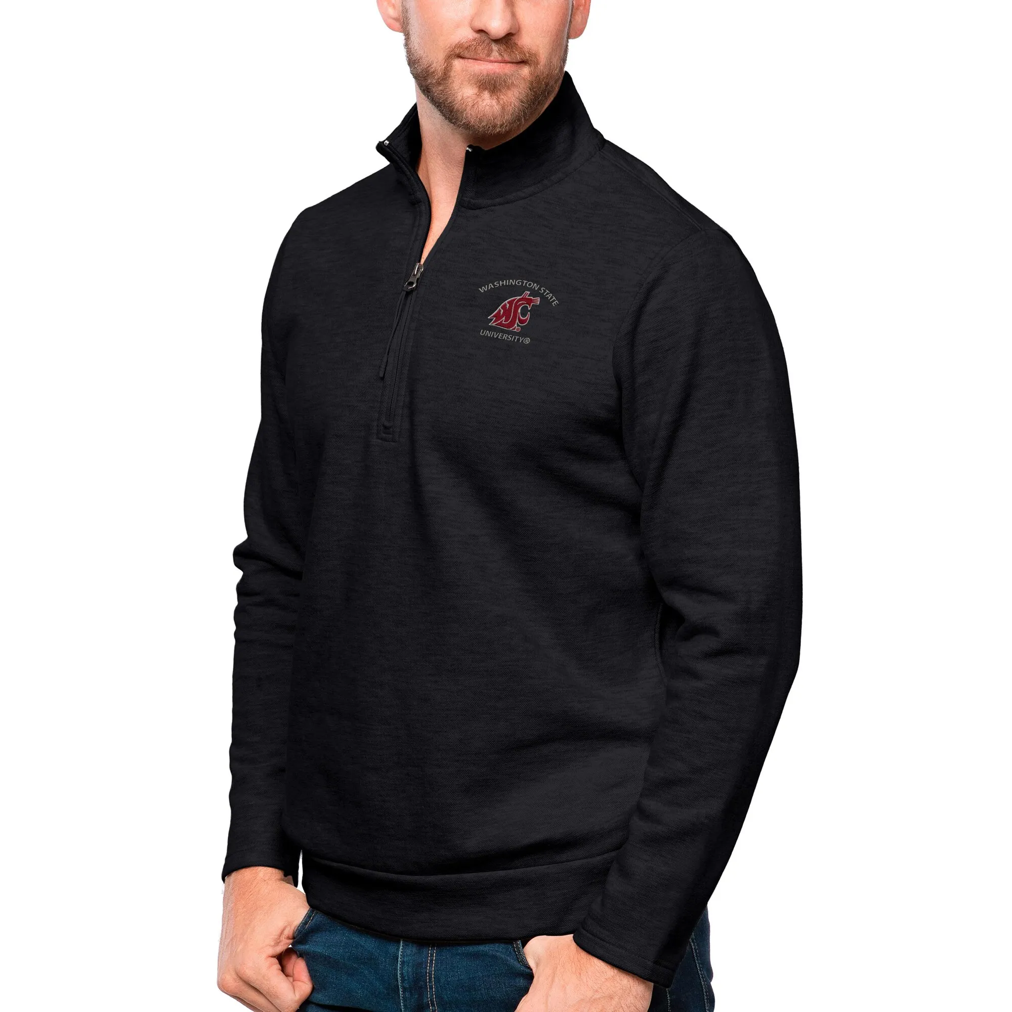 Antigua Washington State Cougars Heather Black Gambit Quarter-Zip Pullover Top