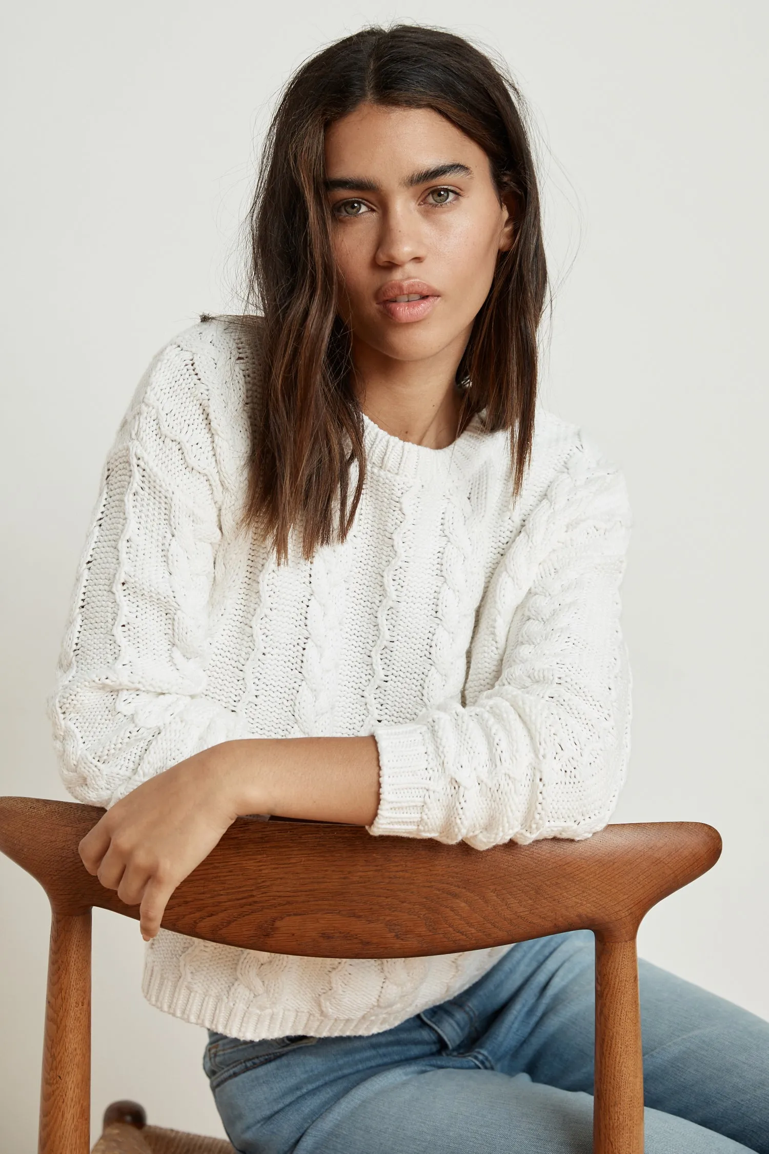 ARELY COTTON CABLE KNIT SWEATER IN MILK