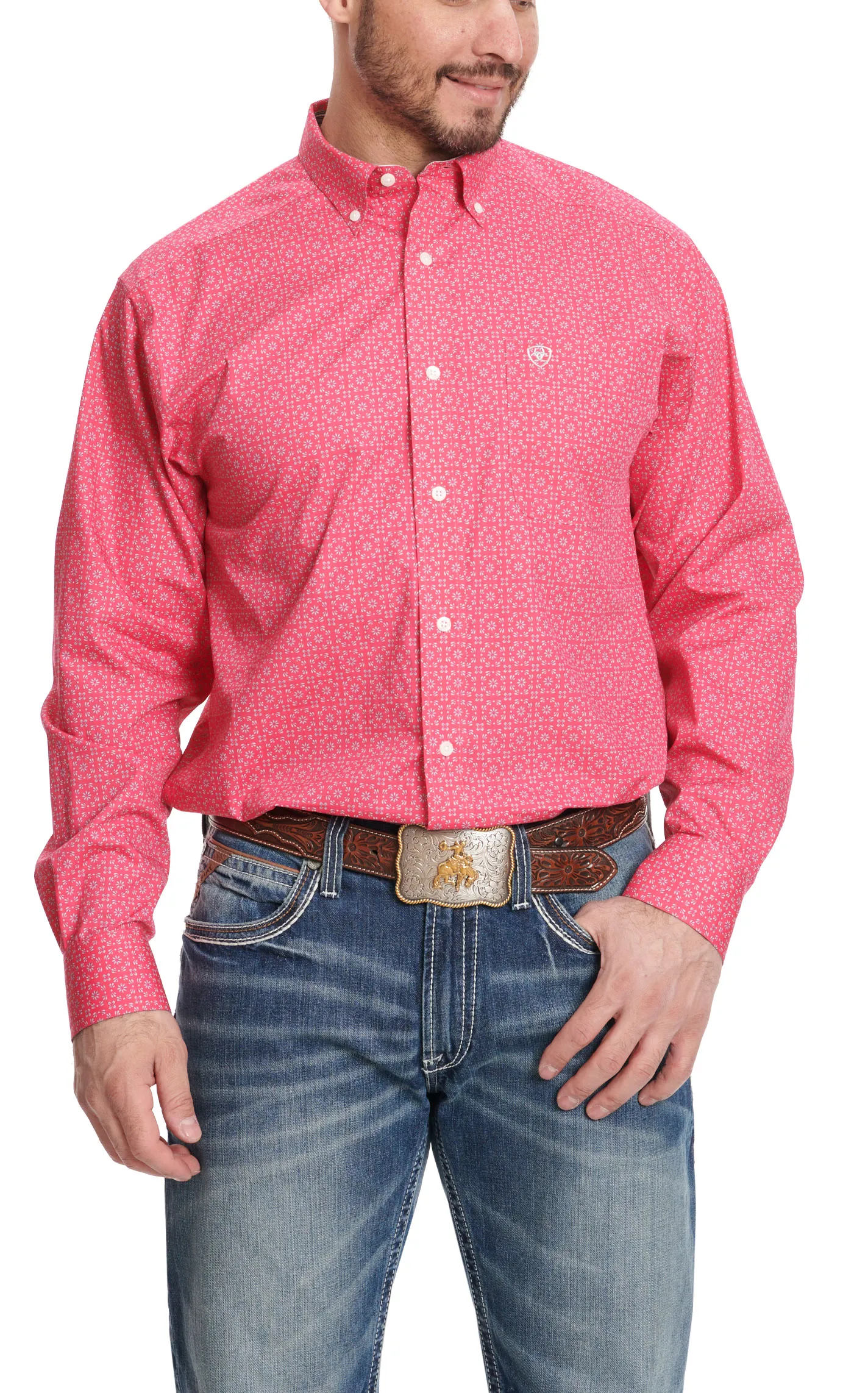 Ariat Men's Brennan Hot Pink & Floral Geo Print Long Sleeve Western Shirt