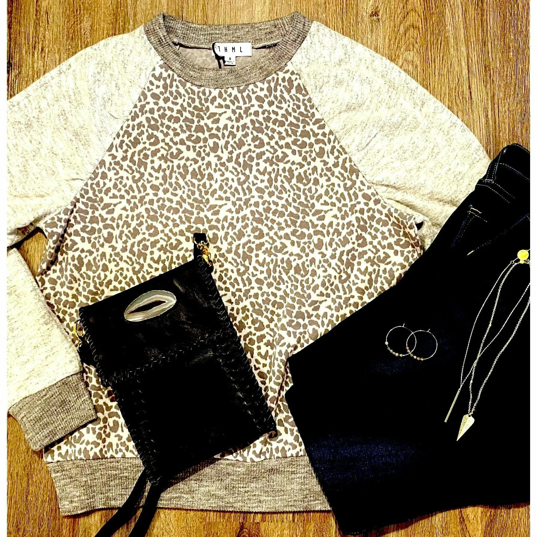 Ava Light Grey Cheetah Print Crewneck THML Top-SALE