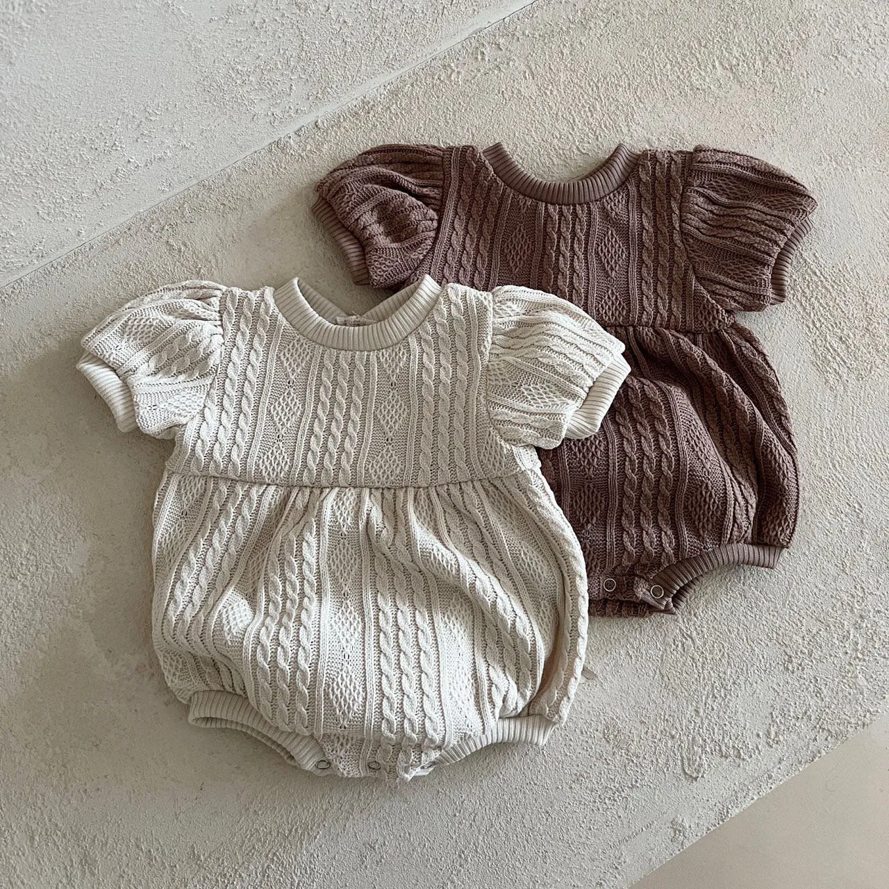 Baby Cable Knit Sweater Puff Short Sleeve Bubble Romper (3-24m) - 2 Colors