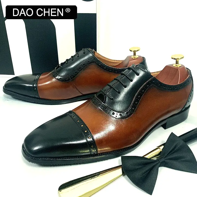 BLACK BROWN CAP TOE SHOES LACE UP CASUAL  GENUINE LEATHER MEN SHOES