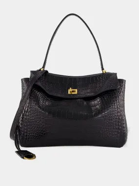 Black Crocodile-Effect Leather Tote Bag