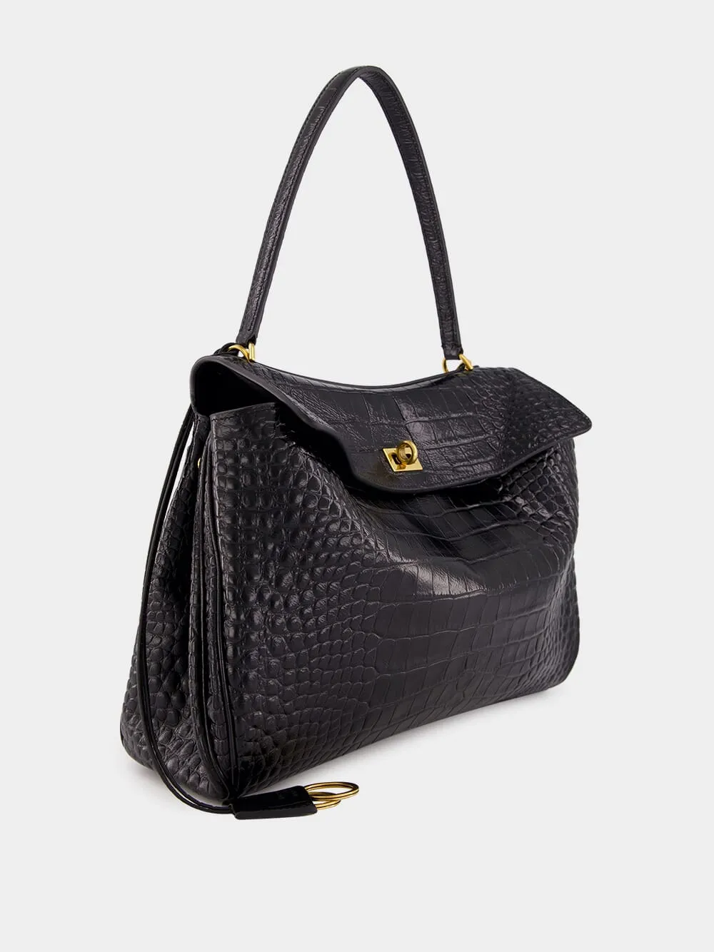 Black Crocodile-Effect Leather Tote Bag