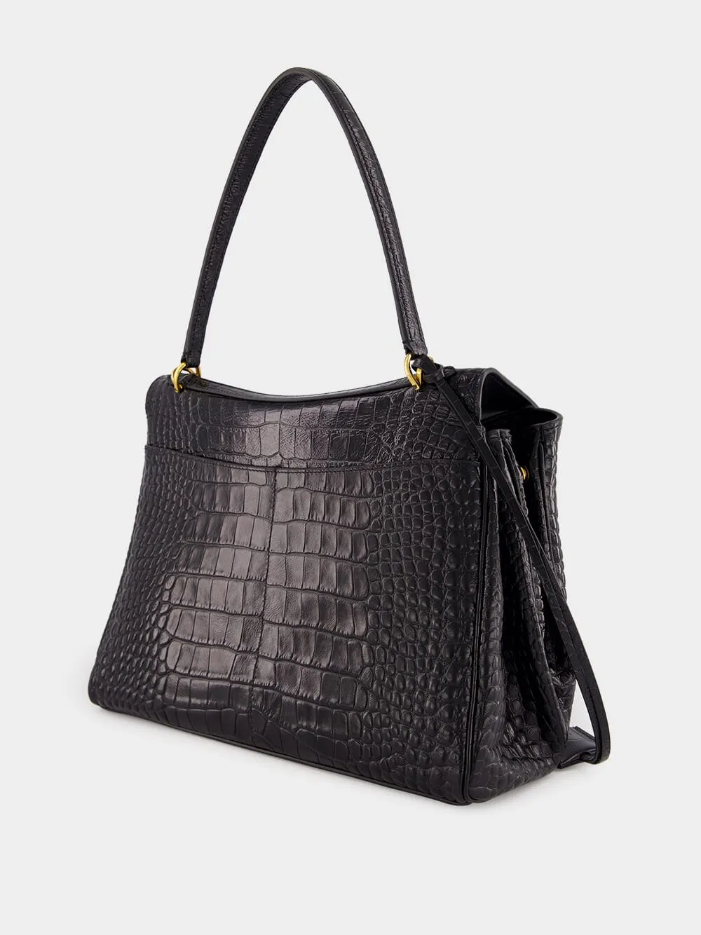 Black Crocodile-Effect Leather Tote Bag