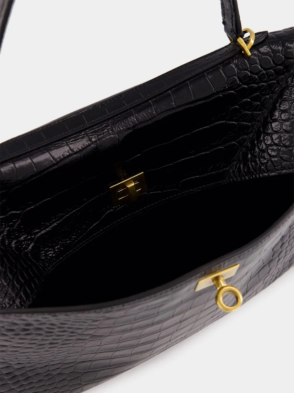 Black Crocodile-Effect Leather Tote Bag