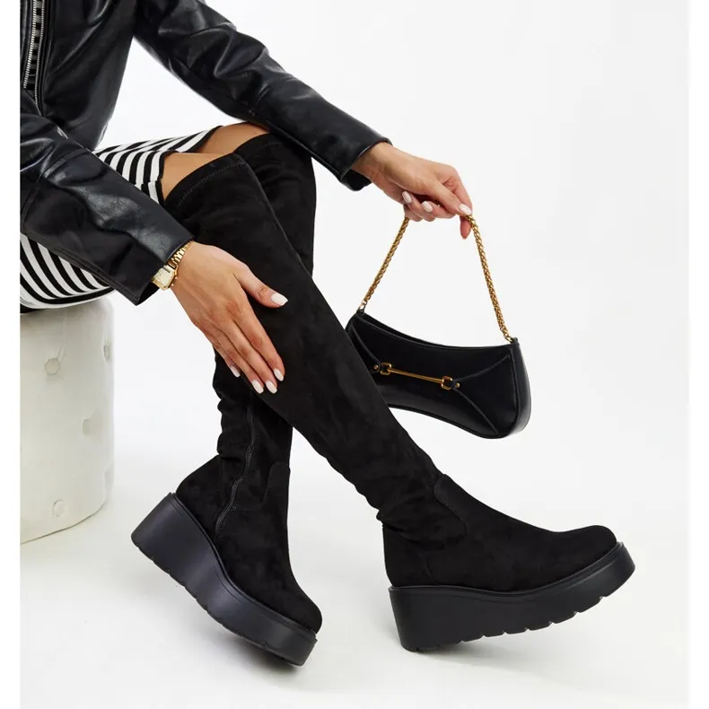 Black long wedge boots by Nafeesa