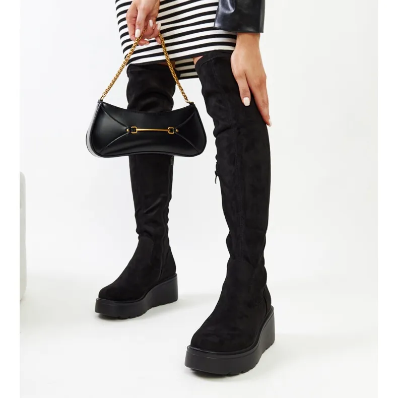 Black long wedge boots by Nafeesa