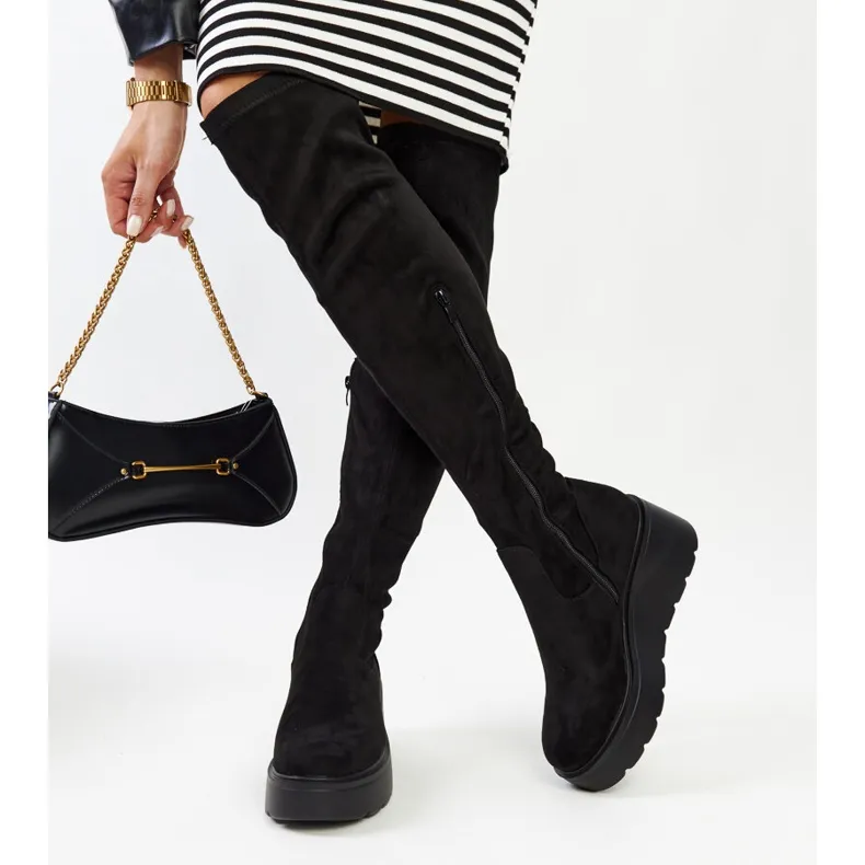 Black long wedge boots by Nafeesa