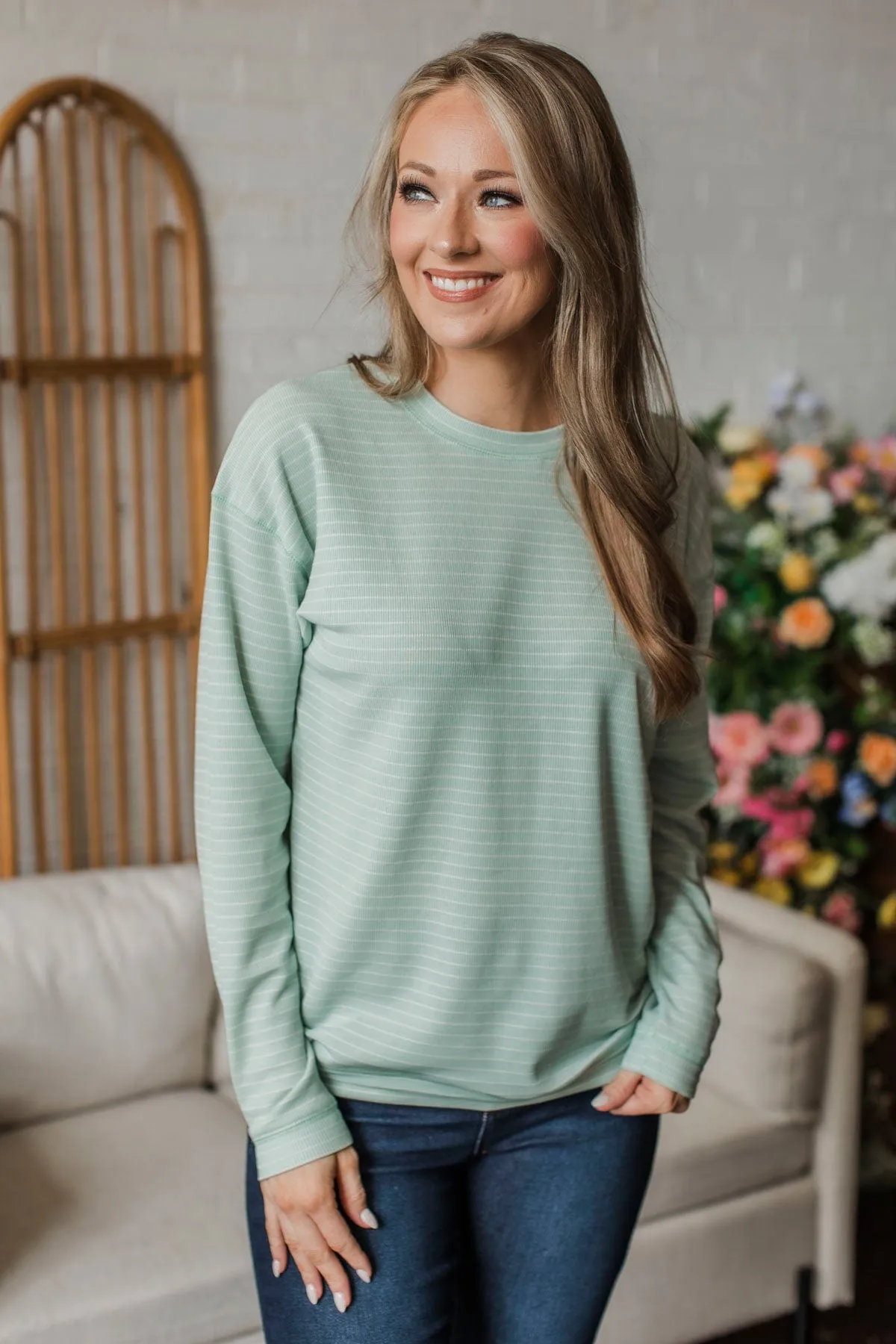 Brighten My Day Striped Pullover Top- Light Mint