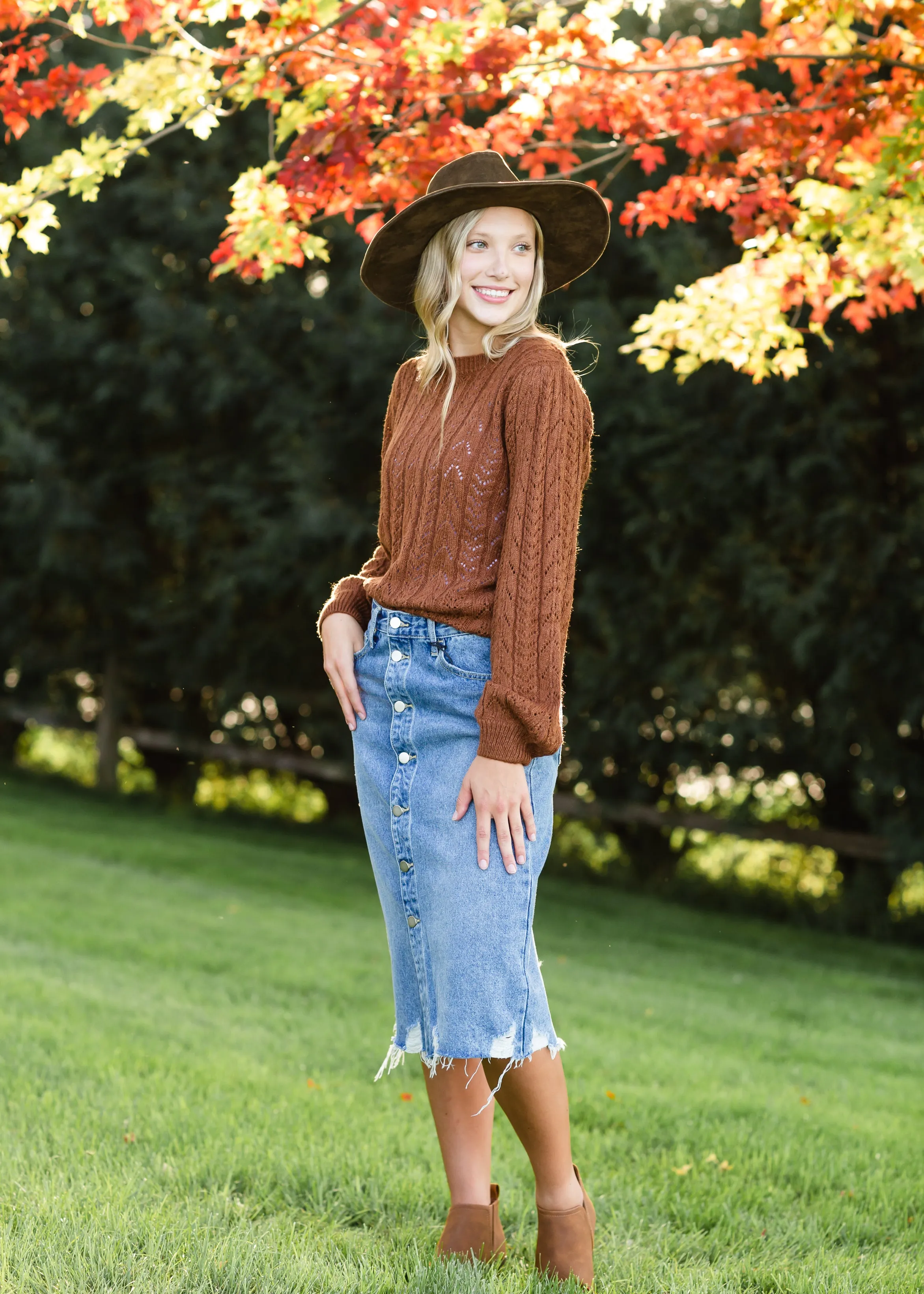 Brown Crochet Bell Sleeve Sweater