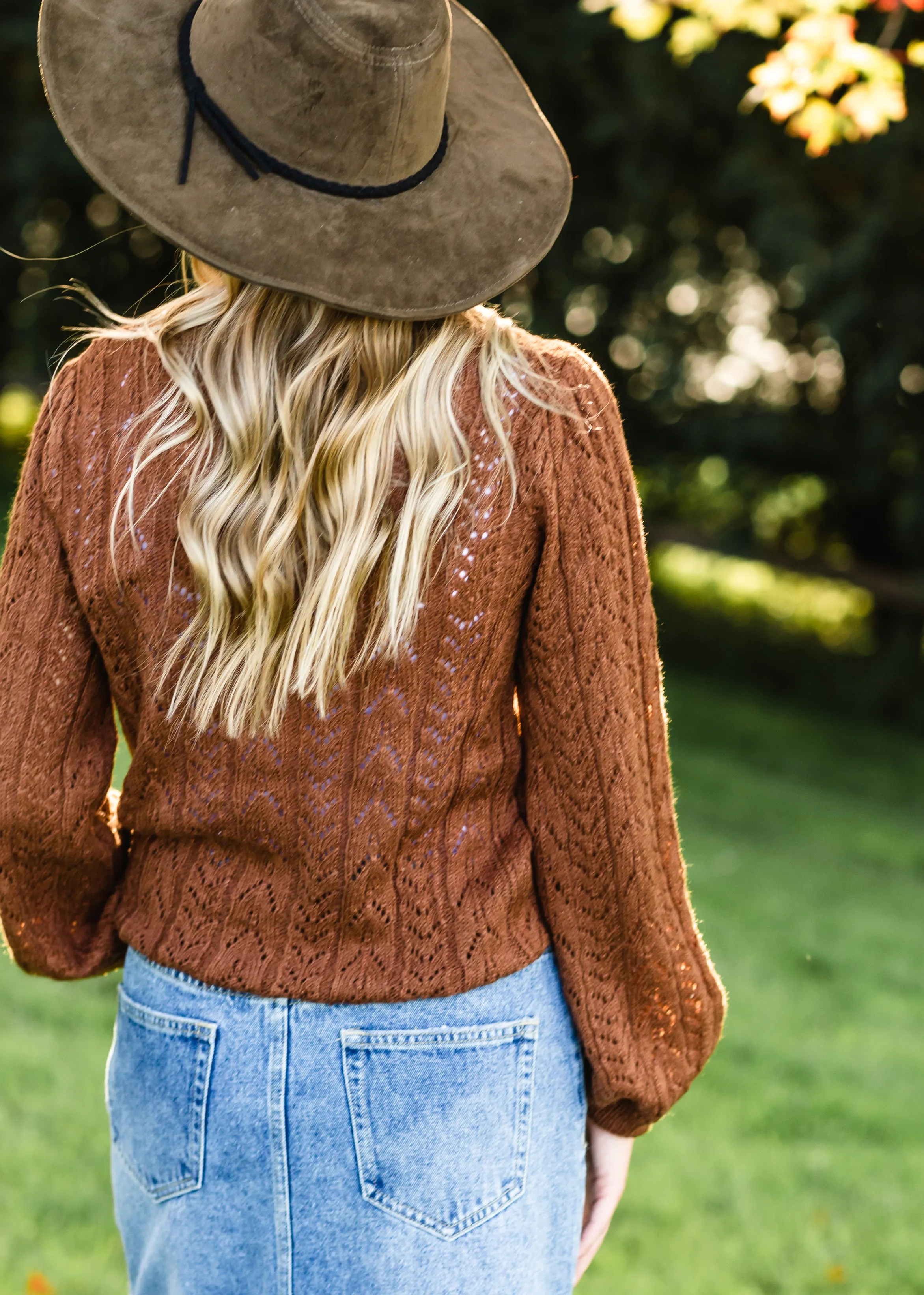 Brown Crochet Bell Sleeve Sweater