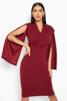 Cape Detail Plunge Midi Blazer Dress