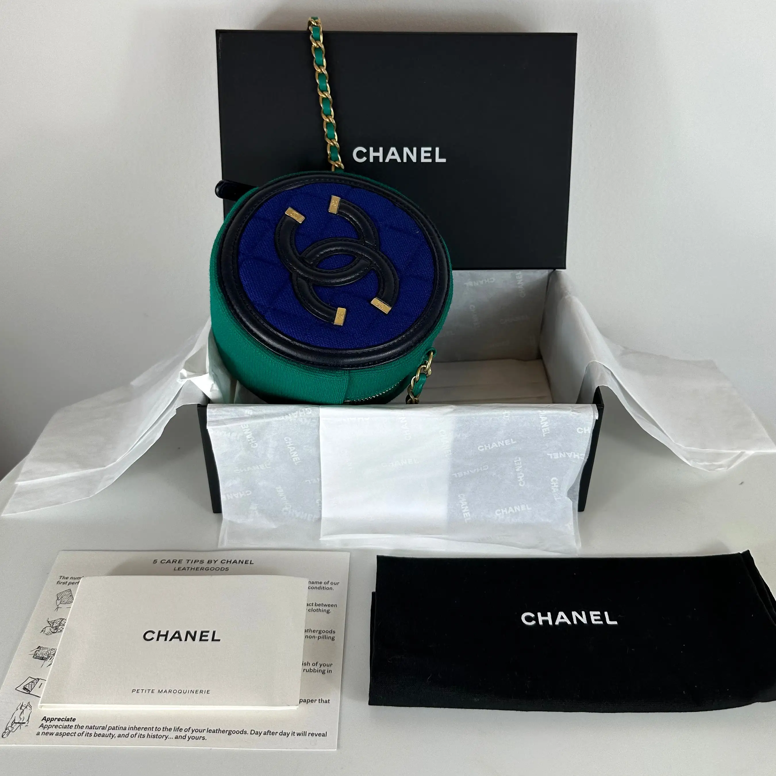 CHANEL-  Round Clutch with Chain Quilted Jersey with Lambskin Logo Blue & Green