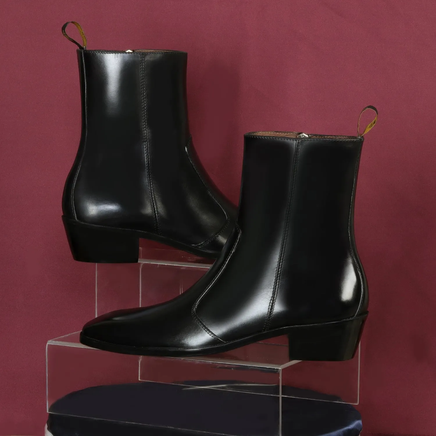 Cuban Heel Boots Stitched Black Leather with Zip Closure by Brune & Bareskin