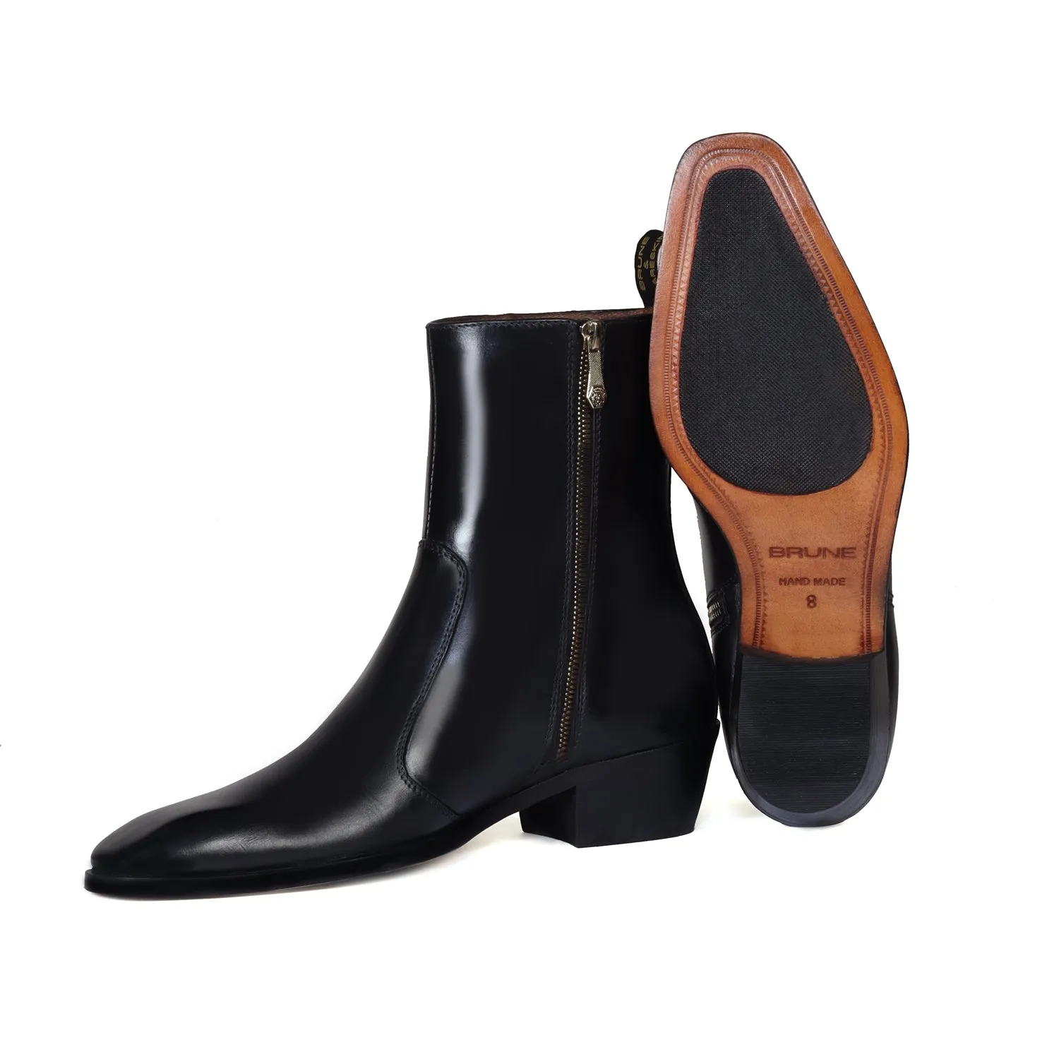 Cuban Heel Boots Stitched Black Leather with Zip Closure by Brune & Bareskin