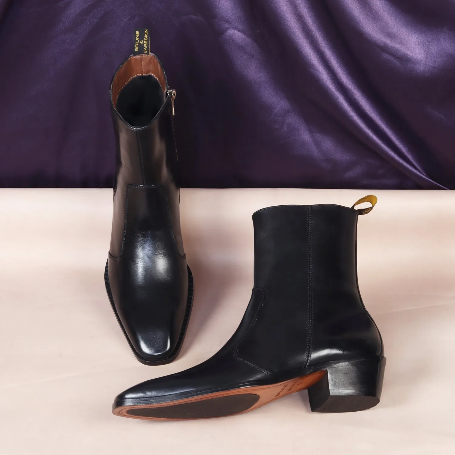 Cuban Heel Boots Stitched Black Leather with Zip Closure by Brune & Bareskin