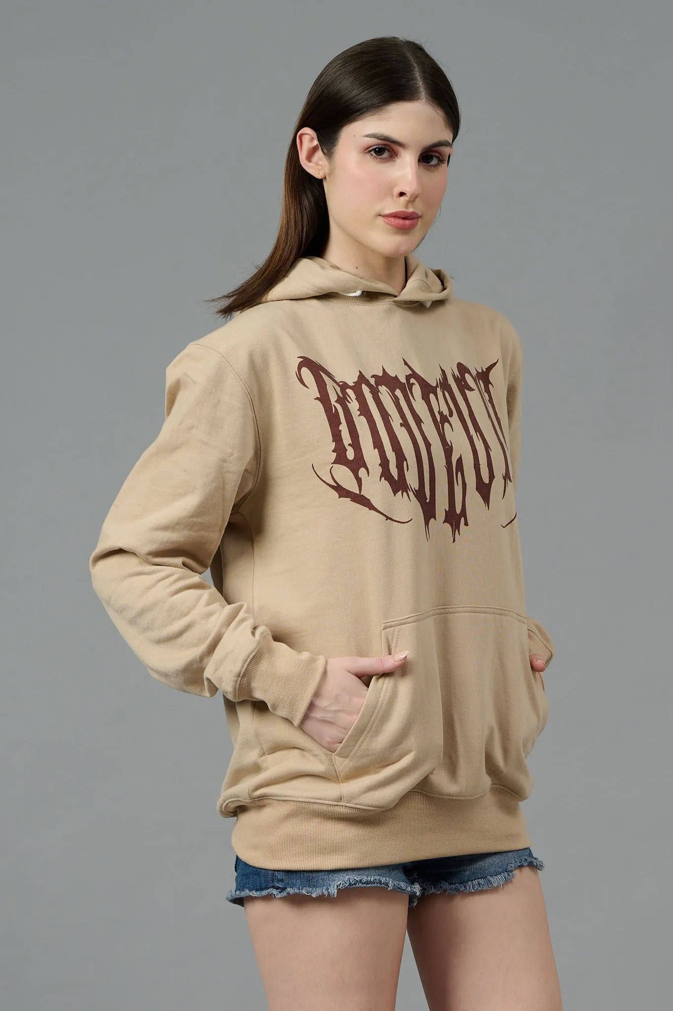 Designer Go Devil Printed Beige Hoodie for Women