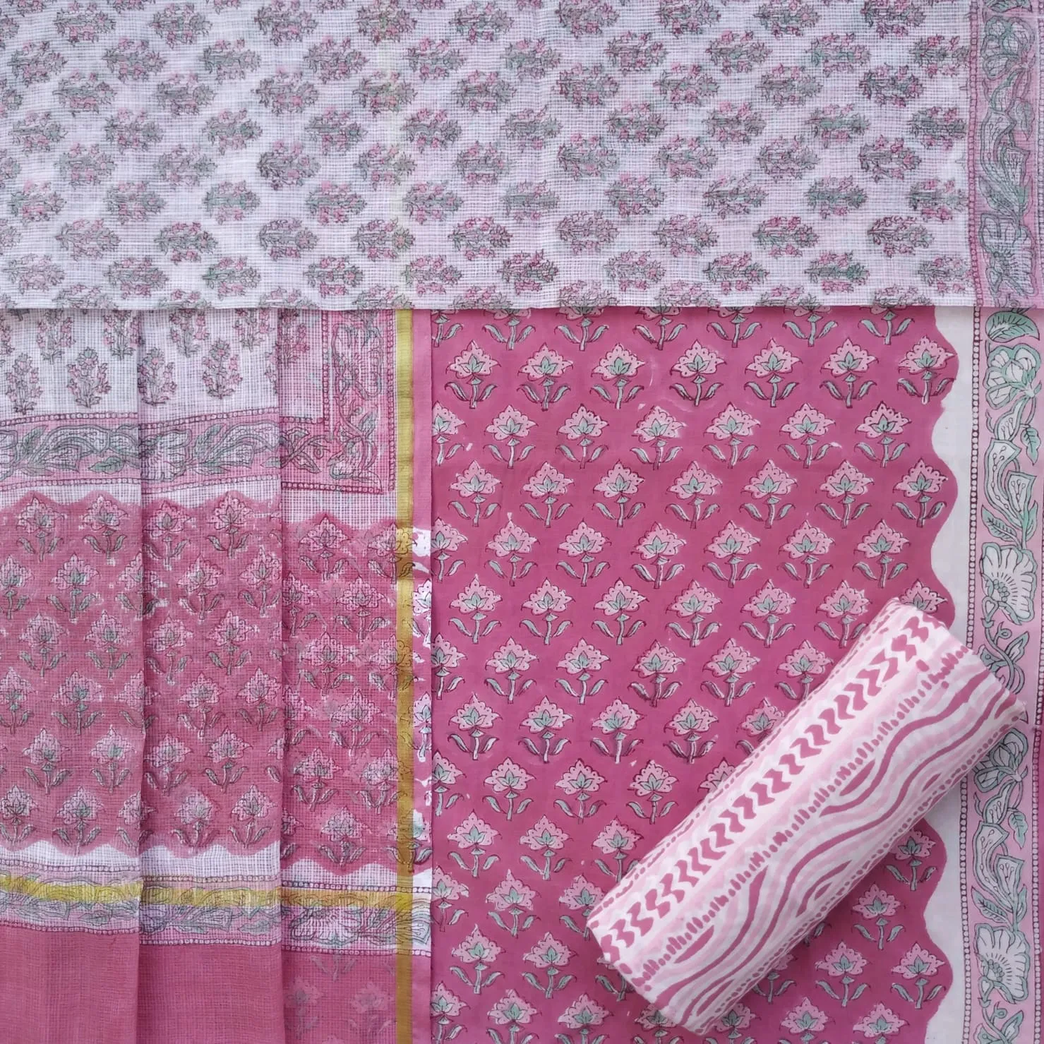 Elegant Hand Block Print Cotton Suit Set with Kota Doria Dupatta (3CKD647)