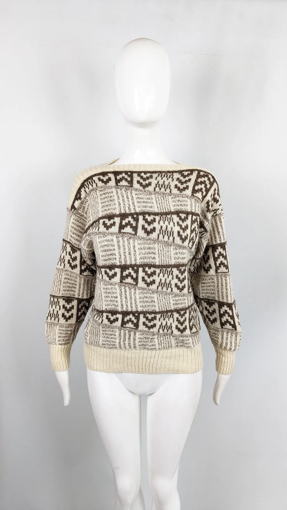 Escada Vintage Cream Alpaca & Wool Knit Patchwork Sweater, 1980s