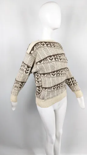 Escada Vintage Cream Alpaca & Wool Knit Patchwork Sweater, 1980s