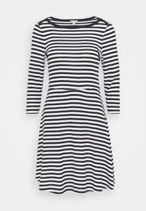 Esprit 3/4 Sleeve Organic Cotton Striped Dress in White & Navy