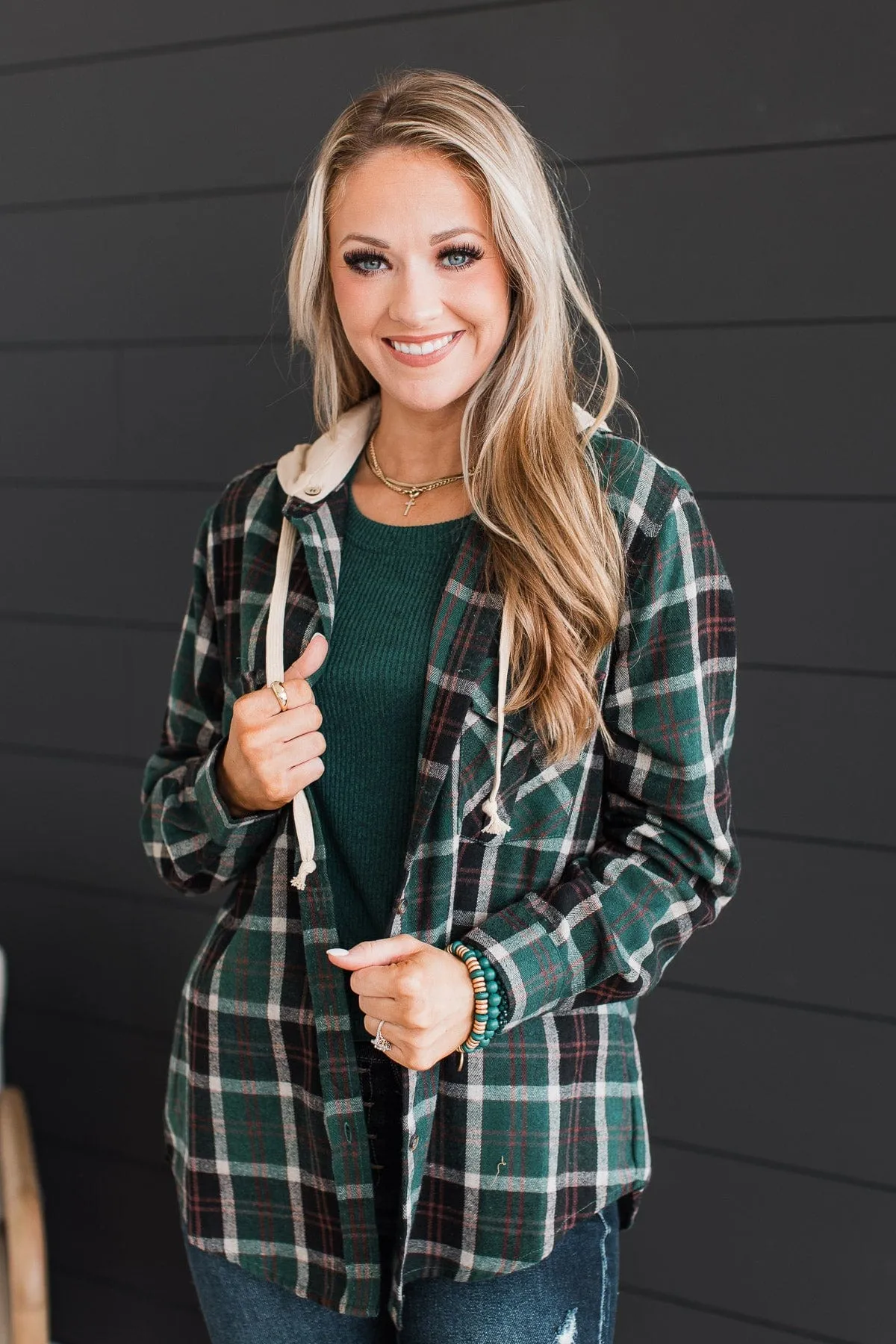 Falling Again Plaid Hooded Top- Hunter Green