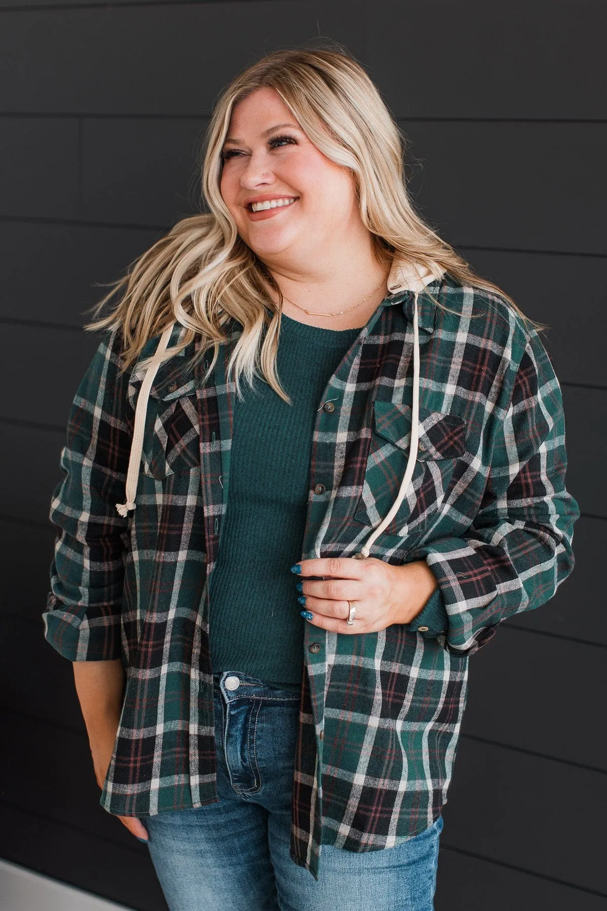 Falling Again Plaid Hooded Top- Hunter Green