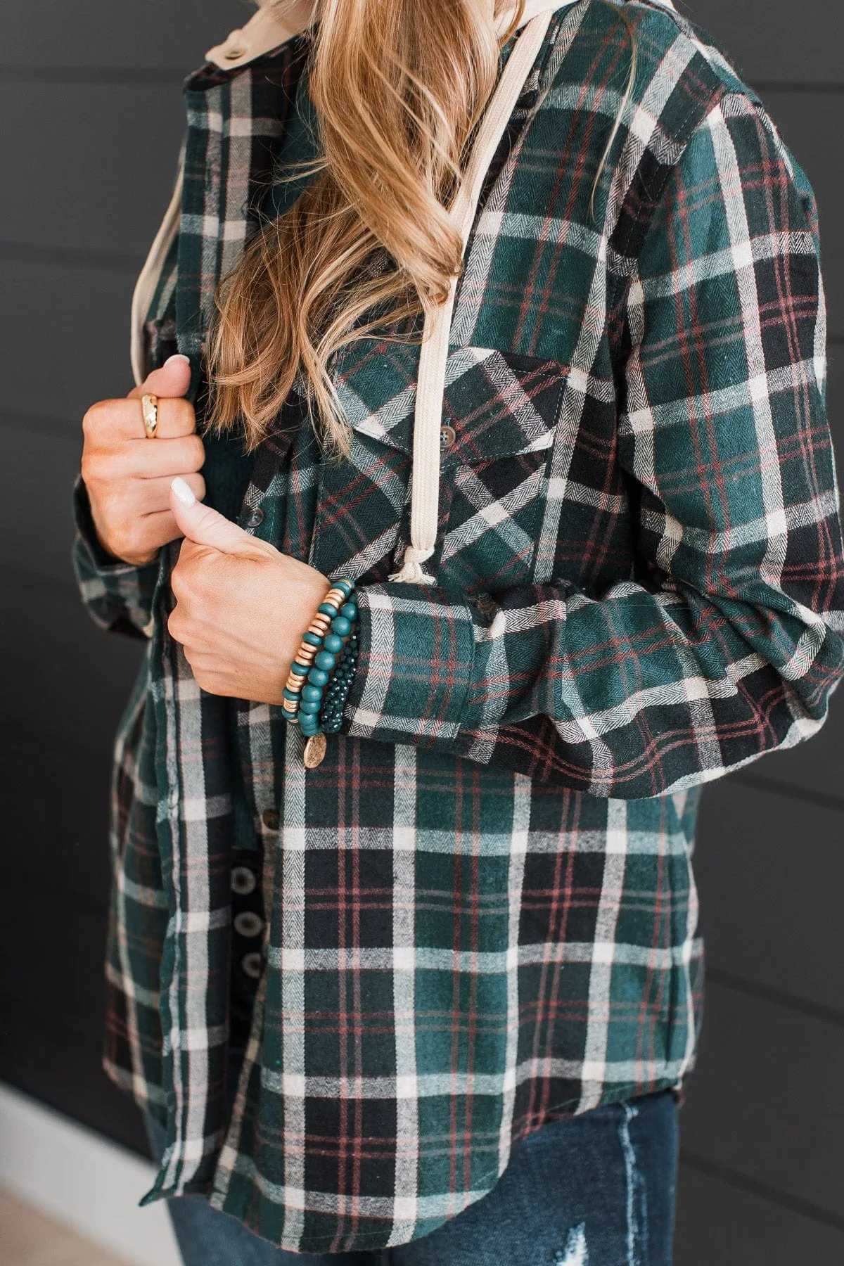 Falling Again Plaid Hooded Top- Hunter Green