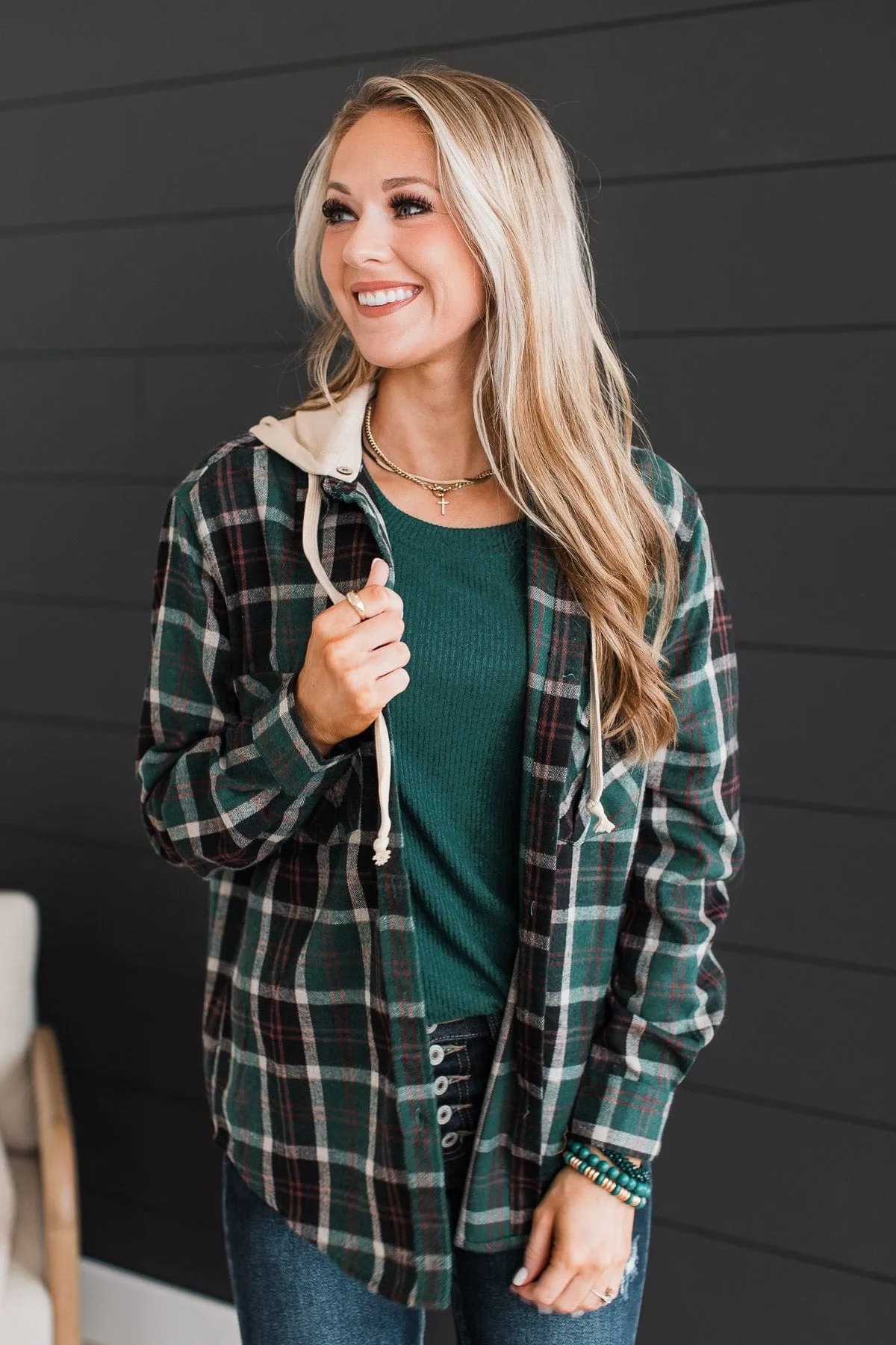 Falling Again Plaid Hooded Top- Hunter Green