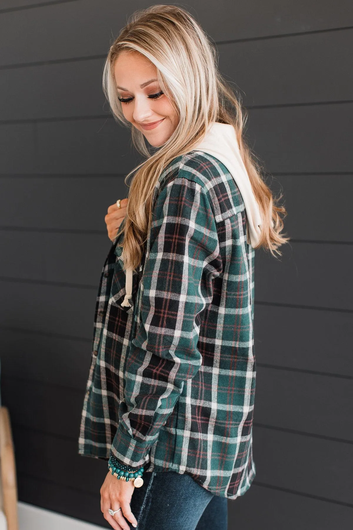 Falling Again Plaid Hooded Top- Hunter Green