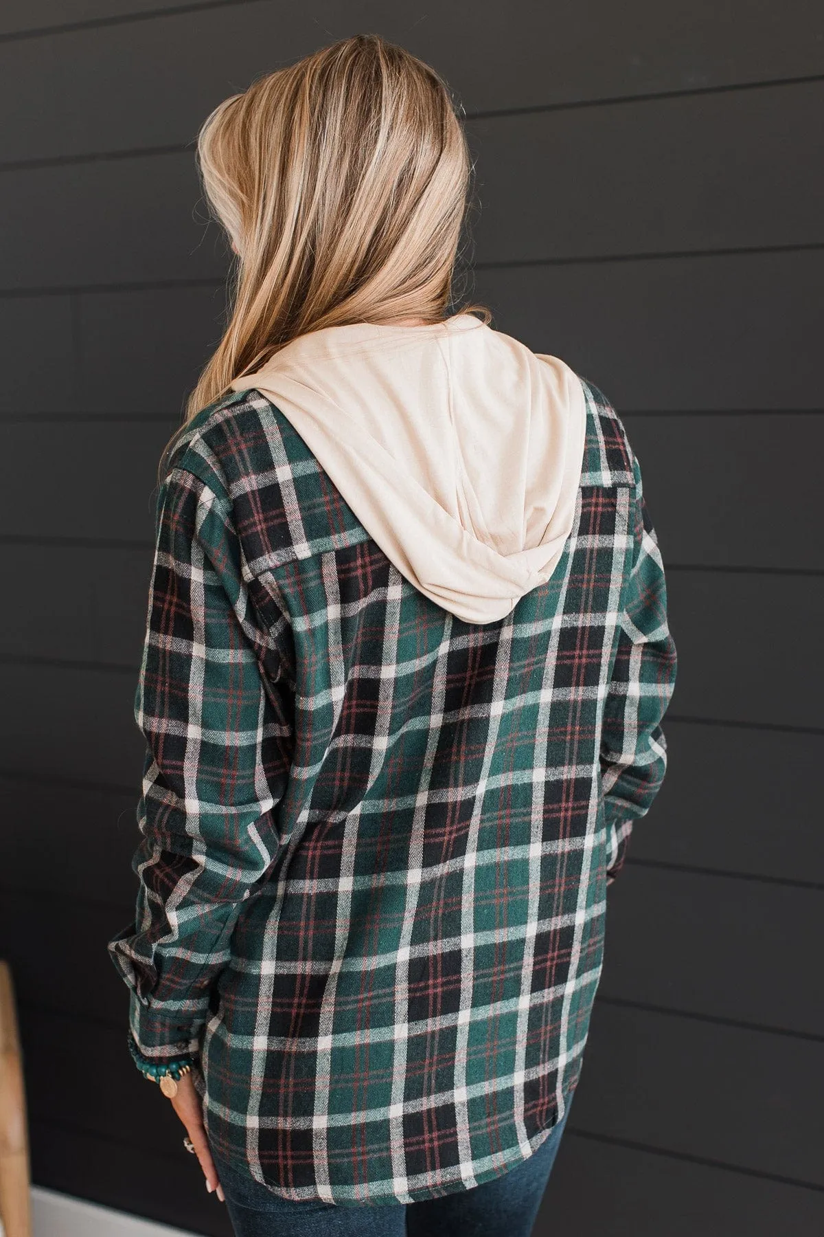 Falling Again Plaid Hooded Top- Hunter Green