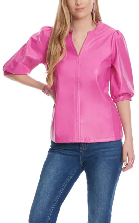 First Love by Lovelyn Women's Hot Pink Faux Leather Short Puff Sleeve Top