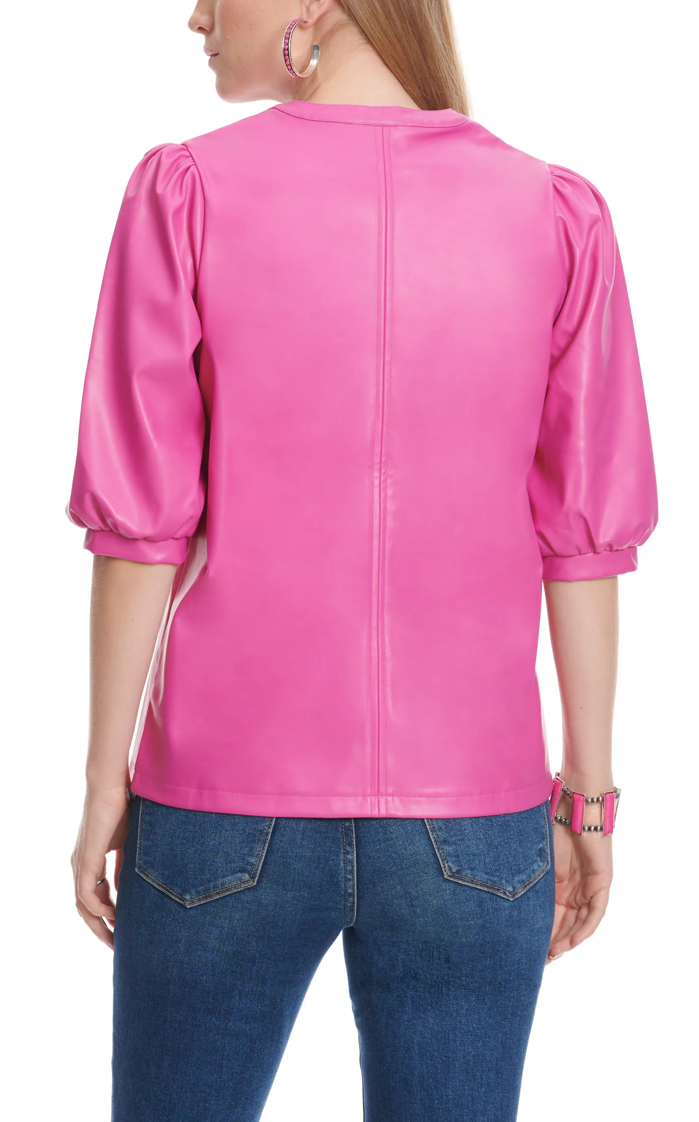 First Love by Lovelyn Women's Hot Pink Faux Leather Short Puff Sleeve Top