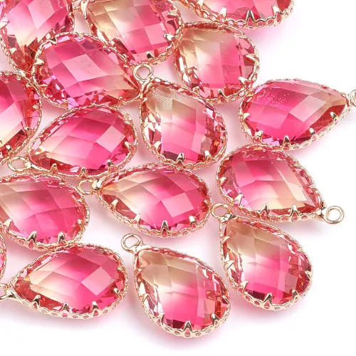 Glass Pendants, K9 Glass, Brass, Faceted, Teardrop, Hot Pink, Golden, Focal, 22-23mm