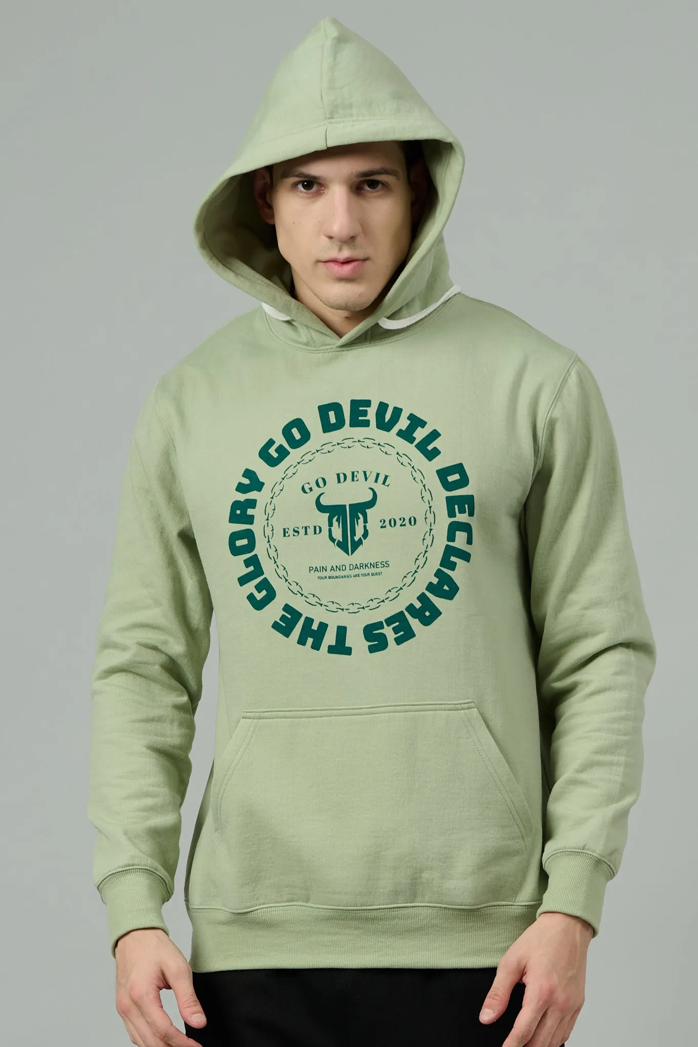 Go Devil Logo Printed Green Hoodie for Men