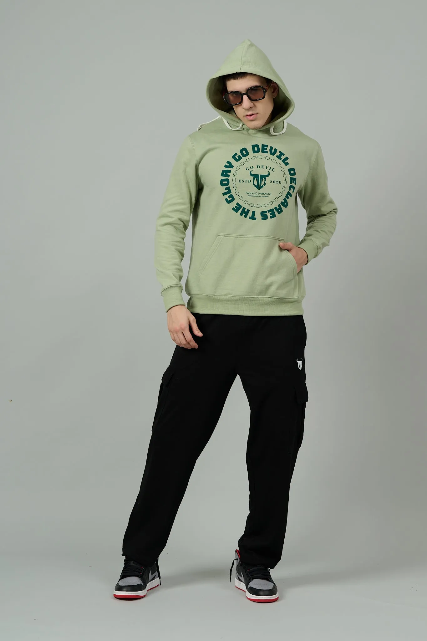 Go Devil Logo Printed Green Hoodie for Men