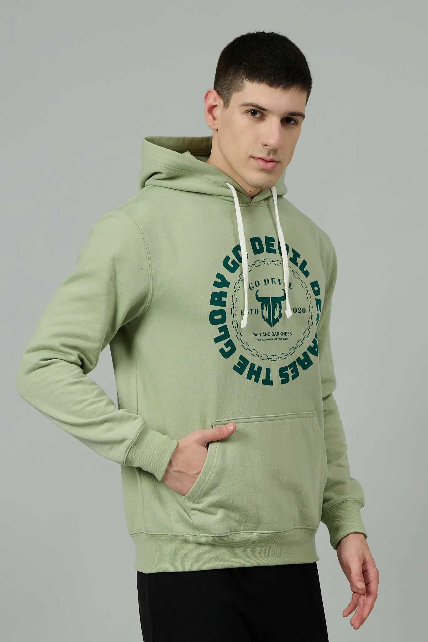 Go Devil Logo Printed Green Hoodie for Men