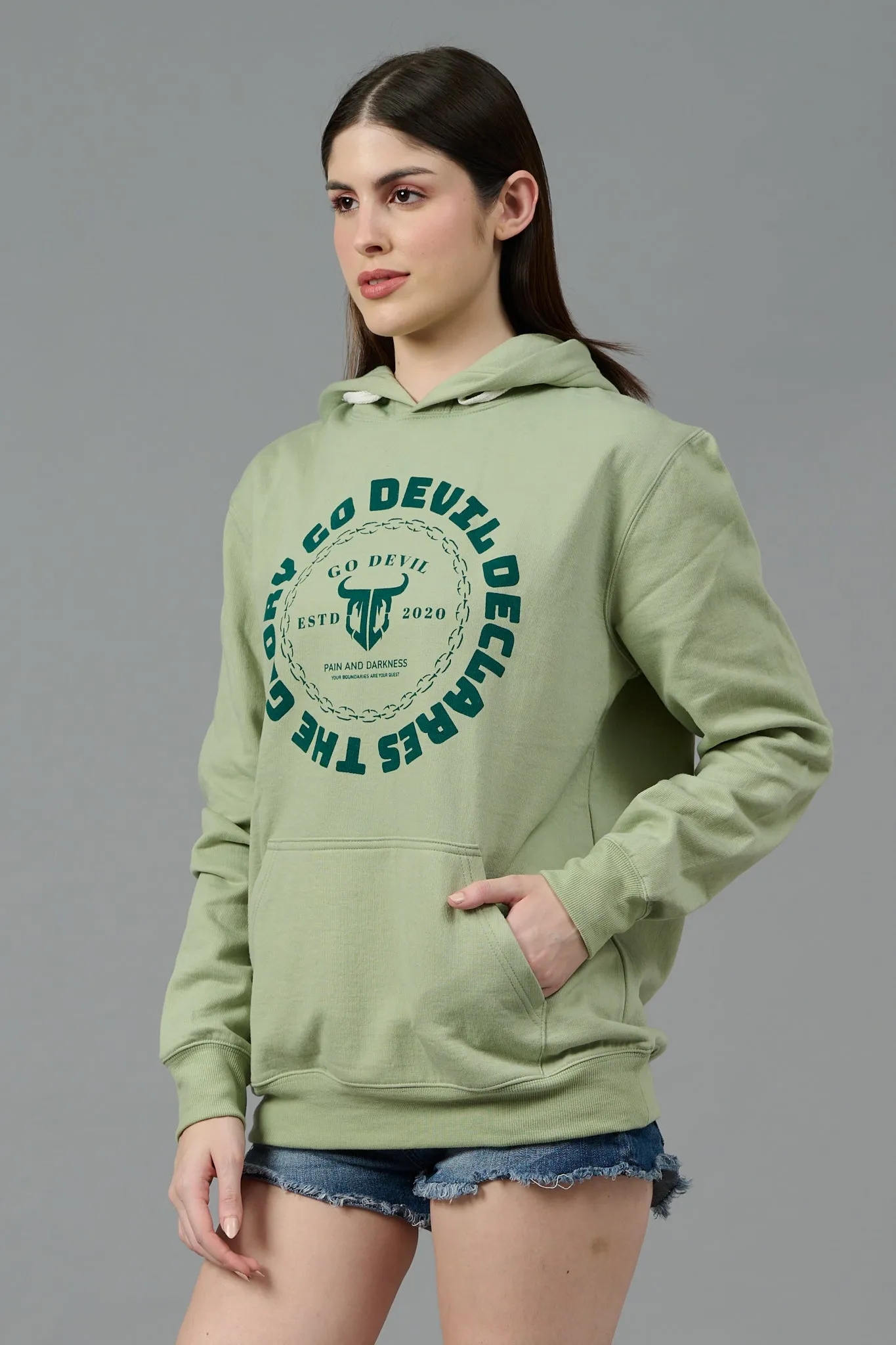 Go Devil Logo Printed Green Hoodie for Women