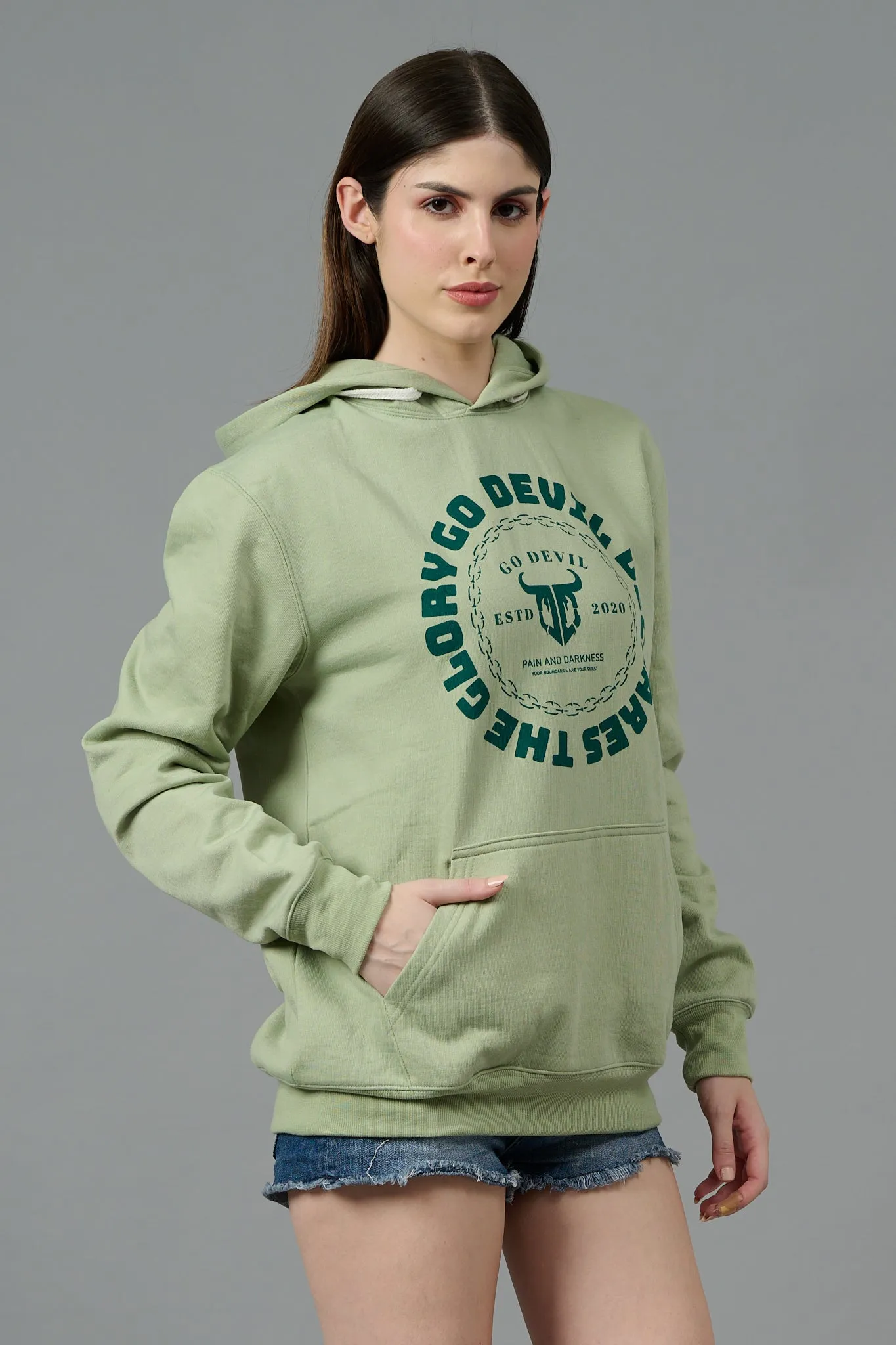 Go Devil Logo Printed Green Hoodie for Women