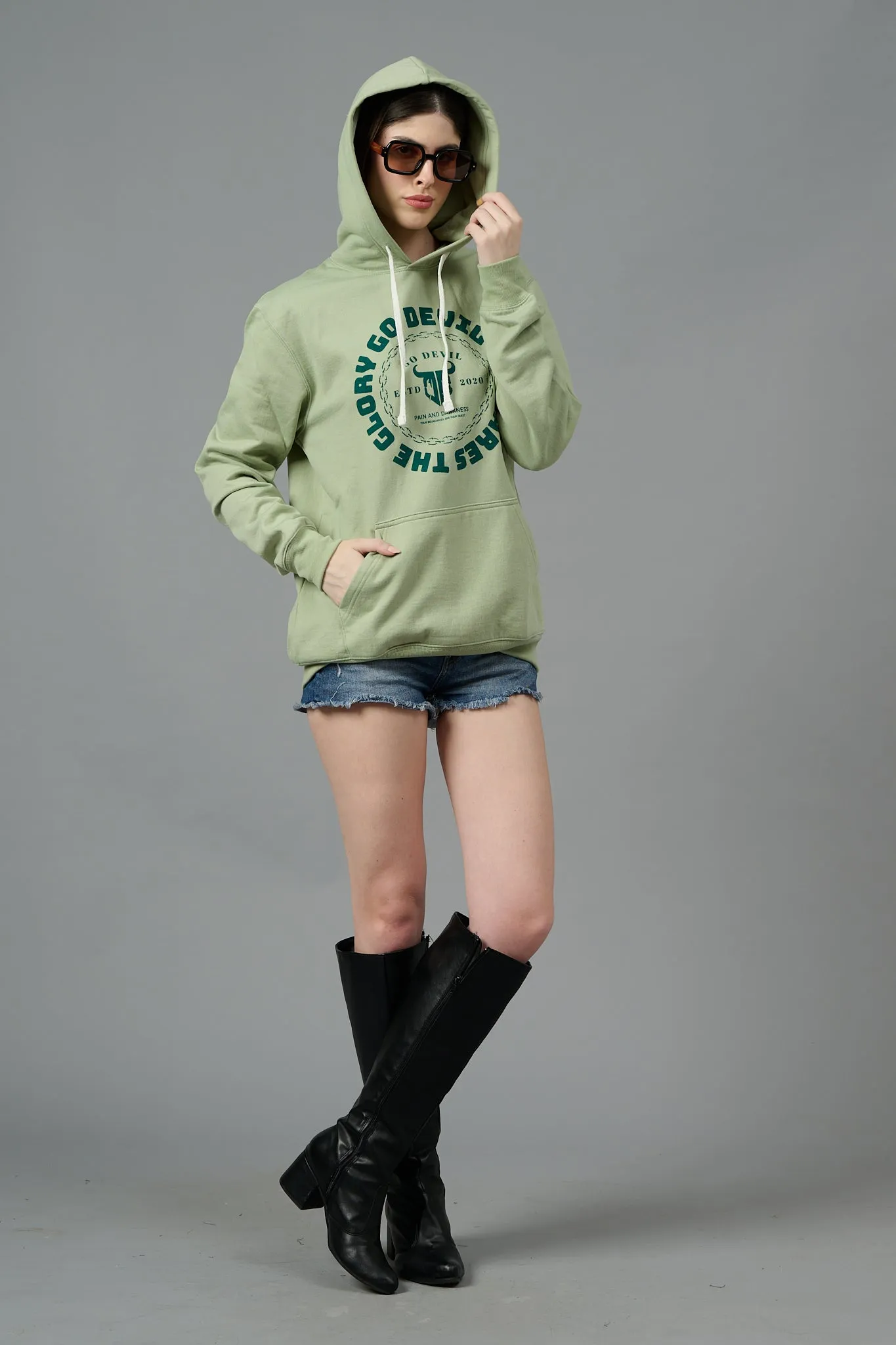 Go Devil Logo Printed Green Hoodie for Women