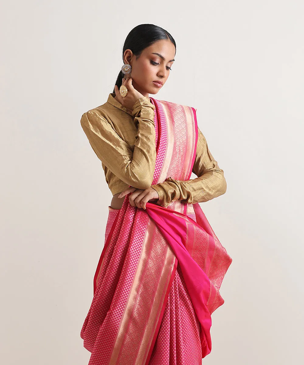 Handloom Hot Pink Pure Katan Silk Tanchoi Banarasi Saree With Zari Booti