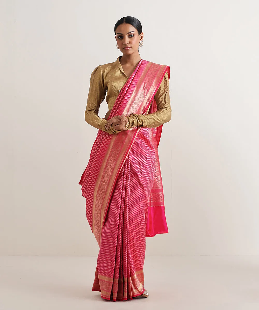 Handloom Hot Pink Pure Katan Silk Tanchoi Banarasi Saree With Zari Booti