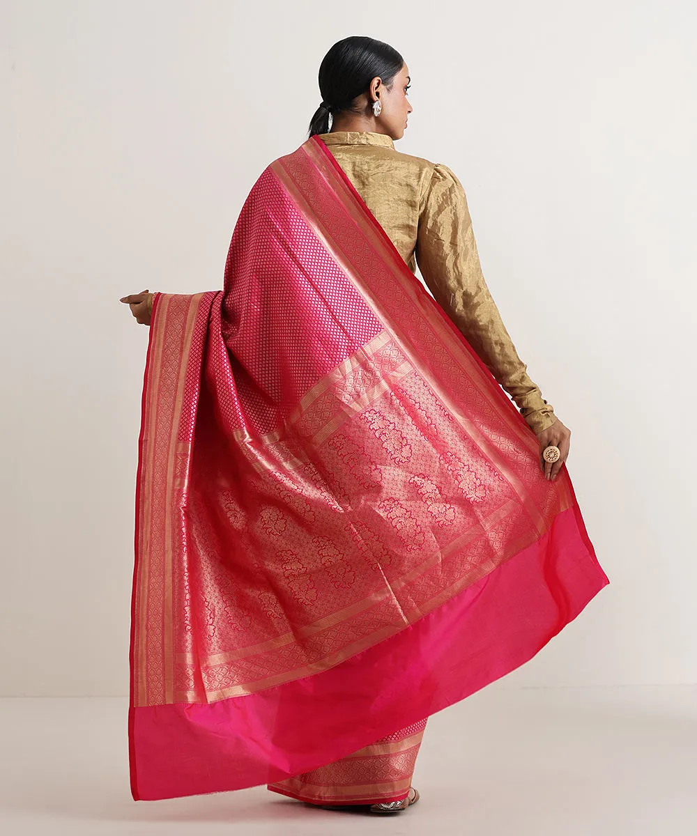 Handloom Hot Pink Pure Katan Silk Tanchoi Banarasi Saree With Zari Booti