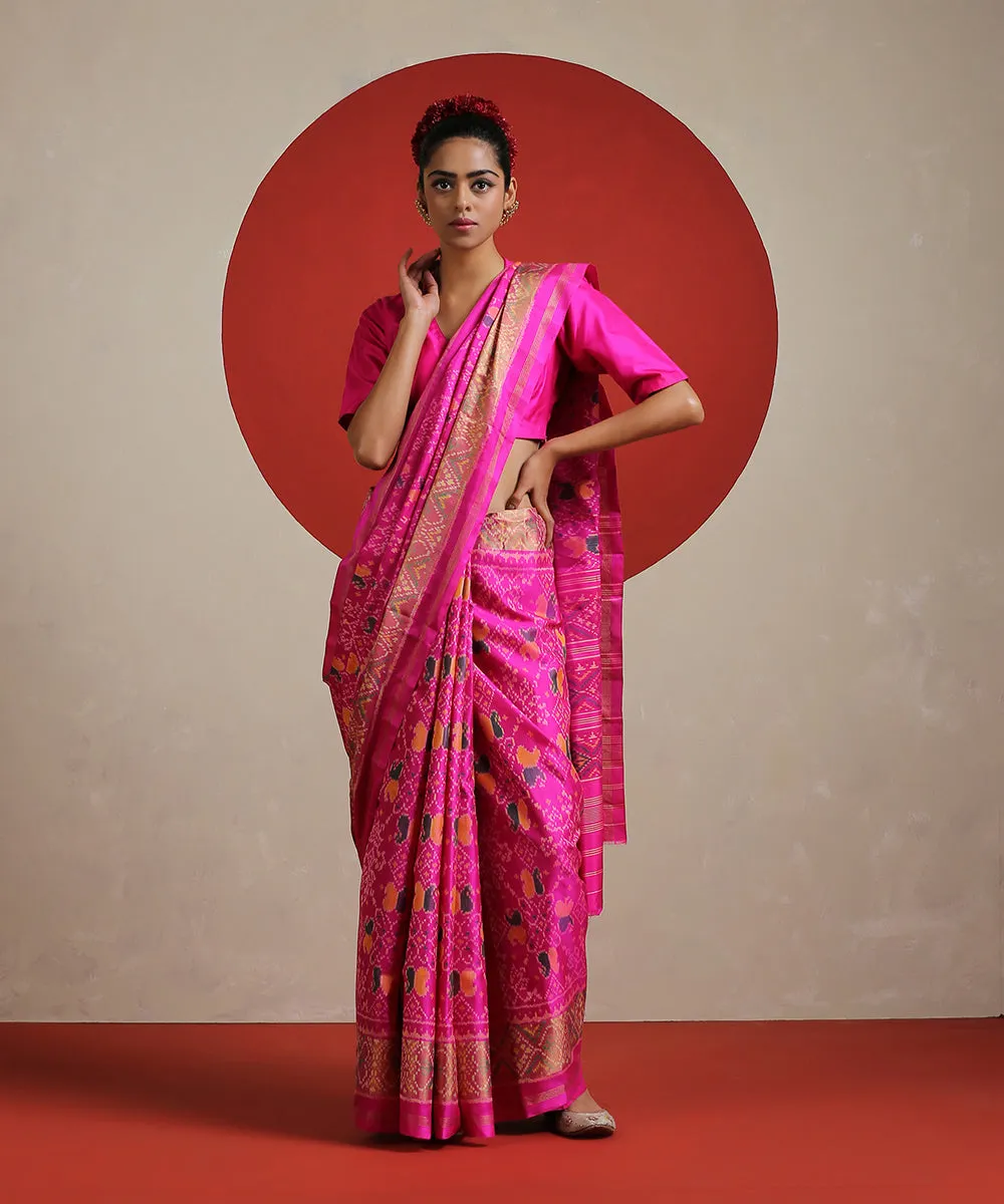 Handloom Hot Pink Pure Mulberry Silk Ikat Patola Saree With Tissue Border