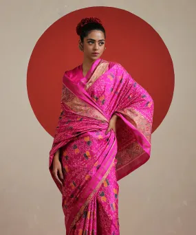 Handloom Hot Pink Pure Mulberry Silk Ikat Patola Saree With Tissue Border