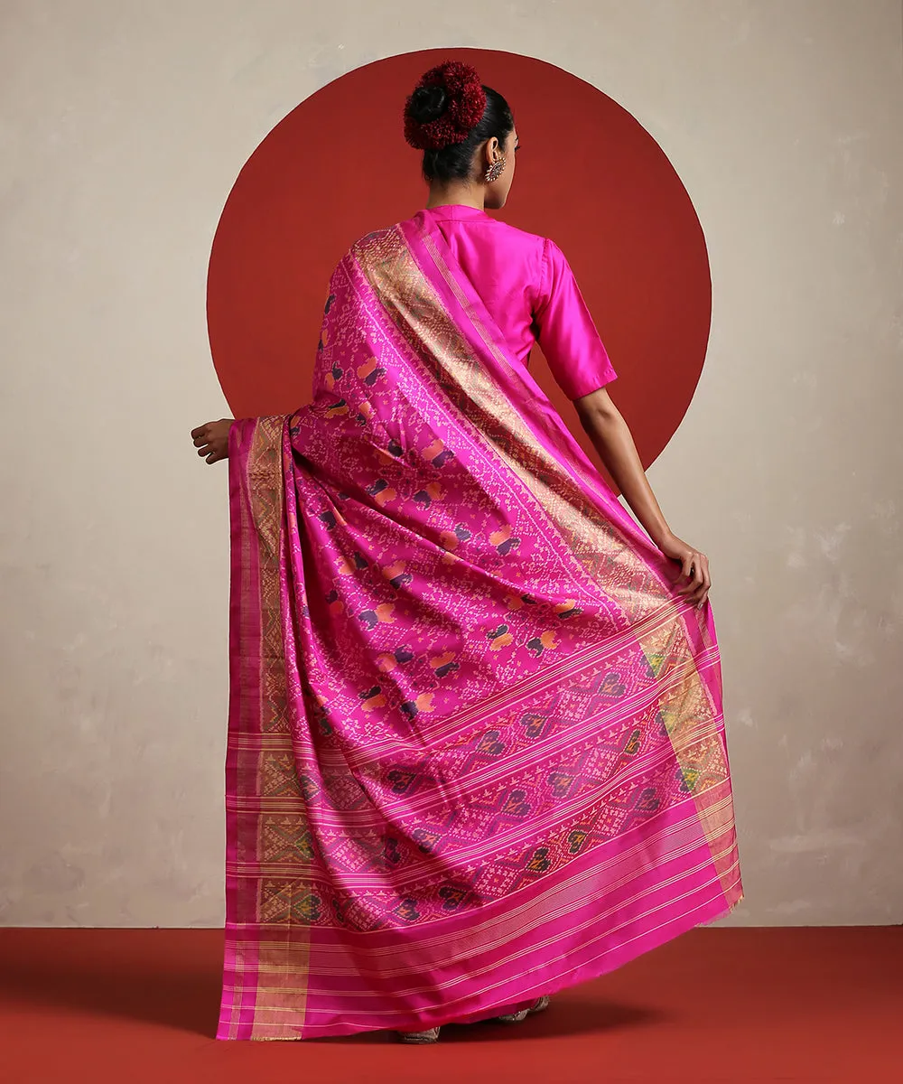 Handloom Hot Pink Pure Mulberry Silk Ikat Patola Saree With Tissue Border