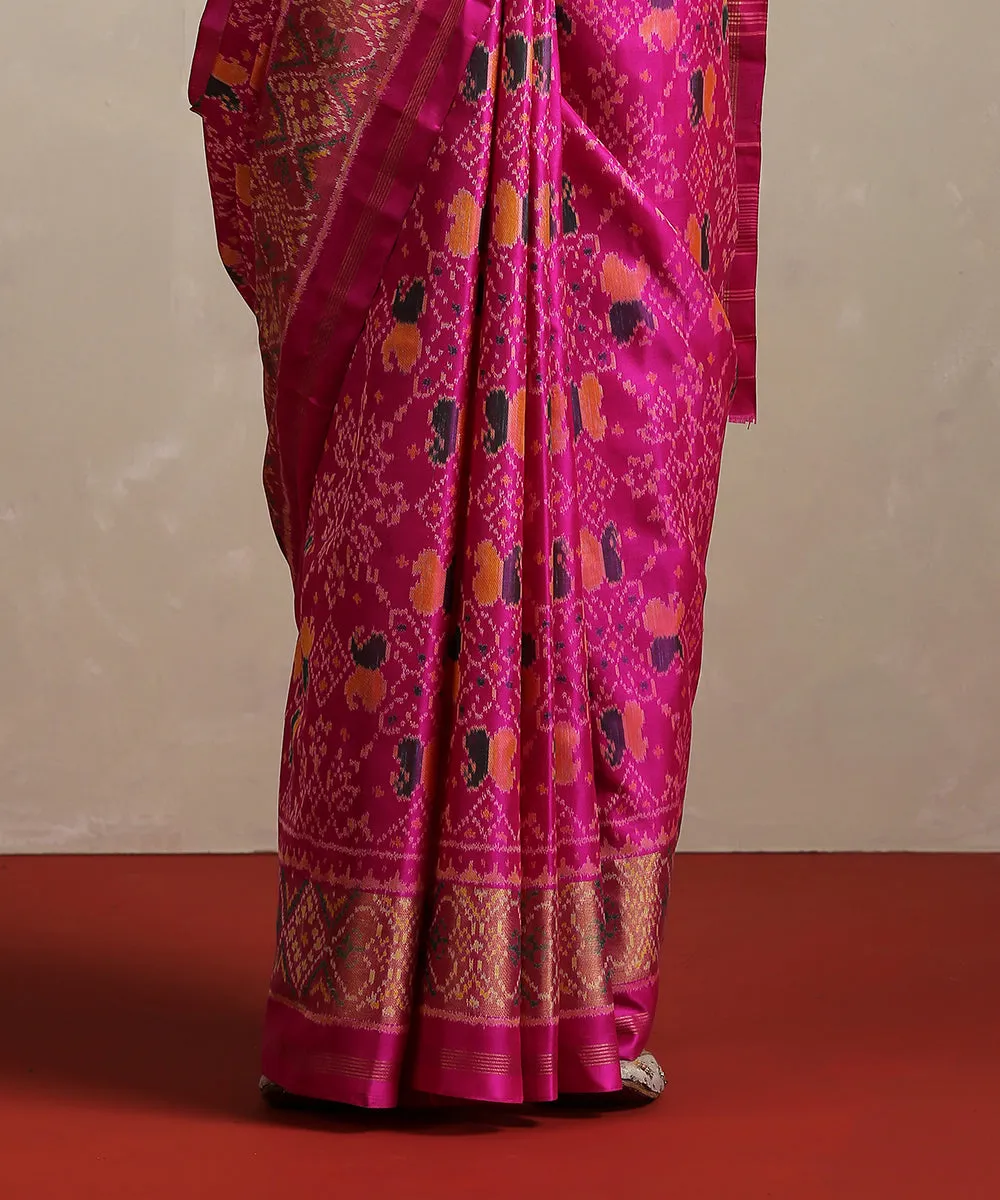 Handloom Hot Pink Pure Mulberry Silk Ikat Patola Saree With Tissue Border